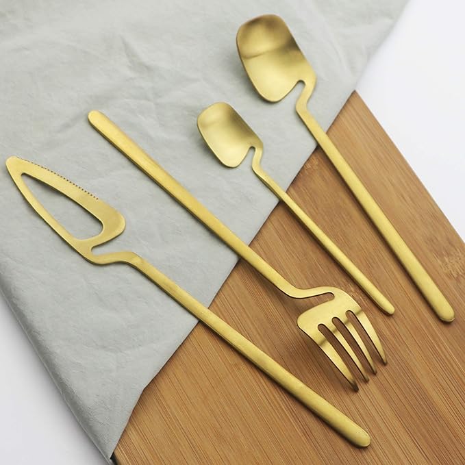 Luxury 18/10 Flatware Gold Silverware Set 304 Stainless Steel Flatware Cutlery Set| 4-Piece Royal Modern Satin Finish| Special Birthday Wedding Gift (Matte Golden)