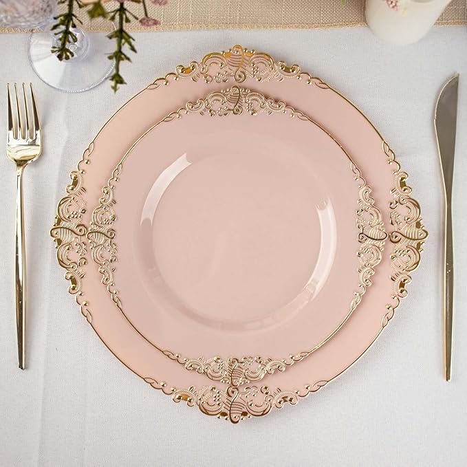 8" Salad Plates -Set of 30 - Plastic Blush Round Baroque Disposable Chargers Leaf Embossed Rim, Ideal for Dinner Party Wedding Bulk Events