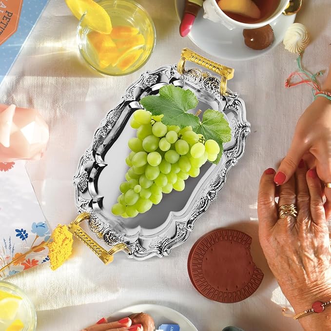 European Style Vintage Thickened Round Stainless Steel Serving Tray with Handles for Hotels Restaurants Home Dining Table Snack Fruit Food Platter
