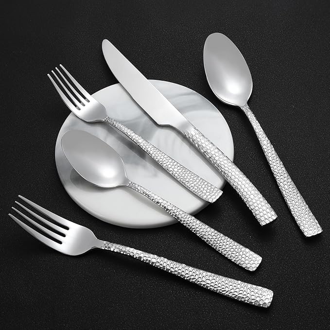 30-Piece Silver Silverware Set, Heavy Duty Hammered 18/10 Stainless Steel Flatware Set for 6, Food-Grade Cutlery Set, Tableware Set Including Fork Knife Spoon Set,Dishwasher Safe