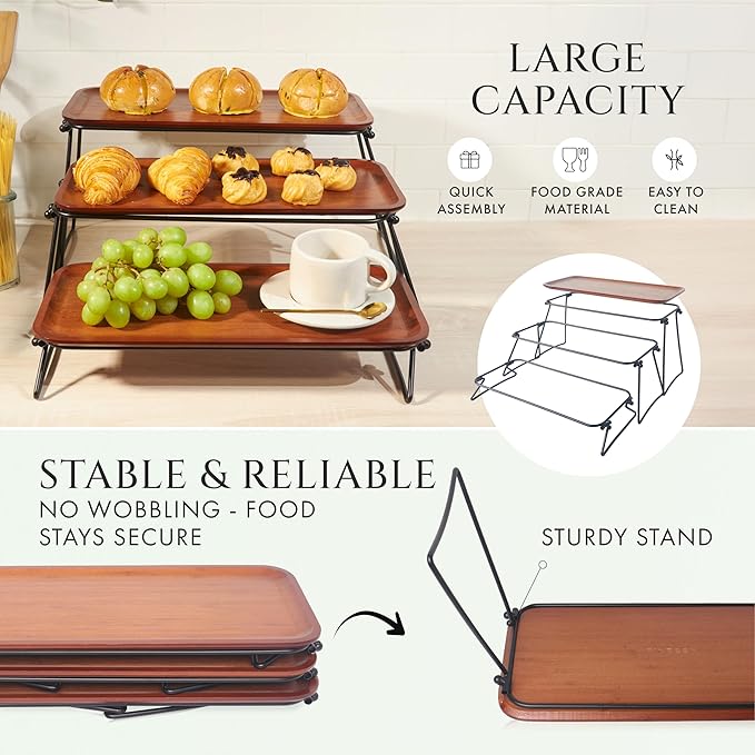 FINESSY 3 Tier Serving Tray, Dark Bamboo Tiered Tray Stand, Cake Stand & Cupcake Holder, Buffet Risers Serving Platters, Dessert Table Display Set, Charcuterie Board Set for Party Hosting Essentials
