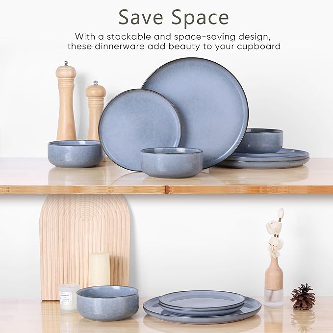 Herogo 24-Piece Stoneware Dinnerware Sets for 8, Stackable Dinner Plates and Bowls Sets, Double Reactive Glaze Dishware Place Setting for Kitchen, Scratch Resistant, Microwave Safe, Haze Blue