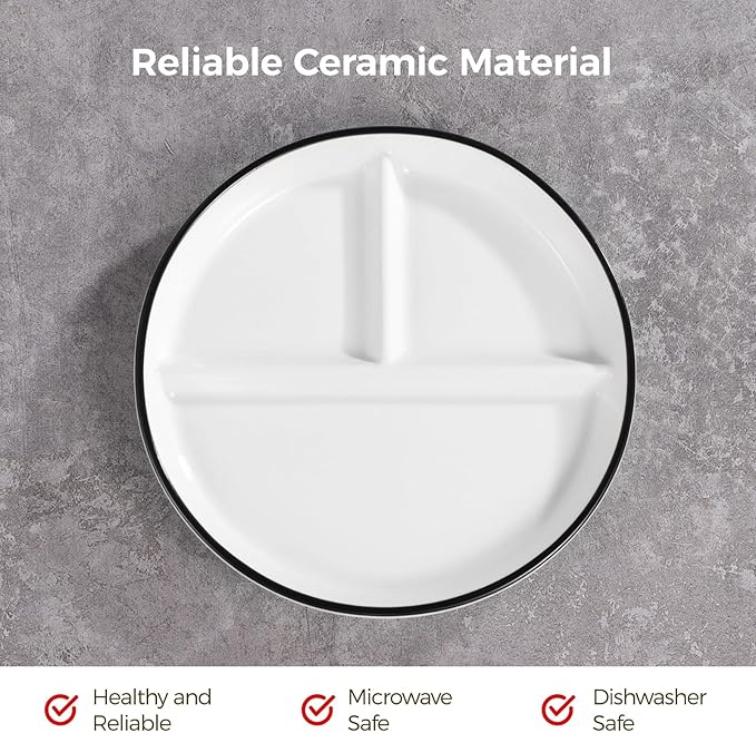 OMISTAR 2 Pcs Portion Control Plates, 9.3" Ceramic Divided for Adults, Porcelain Dinner Diet, White for Balanced Meals, Diabetes and Weight Loss