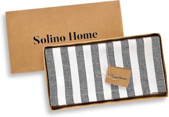 Solino Home Linen Square Tablecloth 52 x 52 Inch - Sorrento Stripe, 100% Pure Linen Black and White Table Throw - Machine Washable Tablecloth