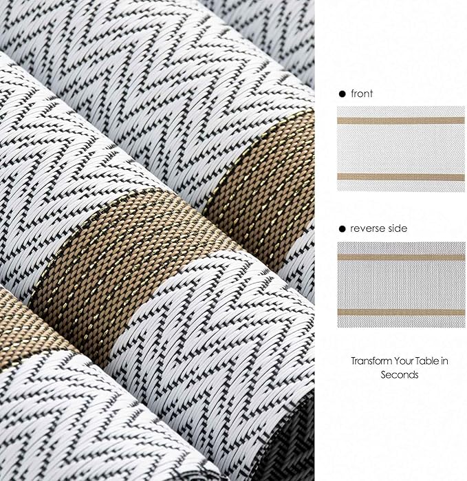 AHHFSMEI Placemats for Dining Table Set of 8 Woven Vinyl Plastic Place Mats Non-Slip Heat Insulation Stain Resistant Table Mats Washable Easy Clean Placemats (White Wave Stripe 8)
