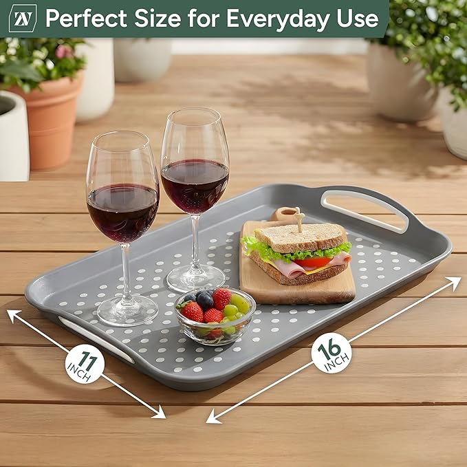 Zuvo Anti-Slip Food Serving Tray with Handles (Set of 2) – BPA-Free Plastic, Lightweight & Durable – Non-Slip Couch Trays for Eating & Drinks (Grey)