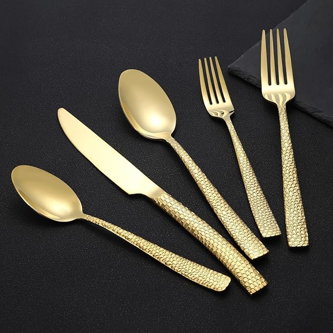 30-Piece Gold Silverware Set, Heavy Duty Hammered 18/10 Stainless Steel Flatware Set for 6, Food-Grade Cutlery Set, Tableware Set Including Fork Knife Spoon Set,Dishwasher Safe