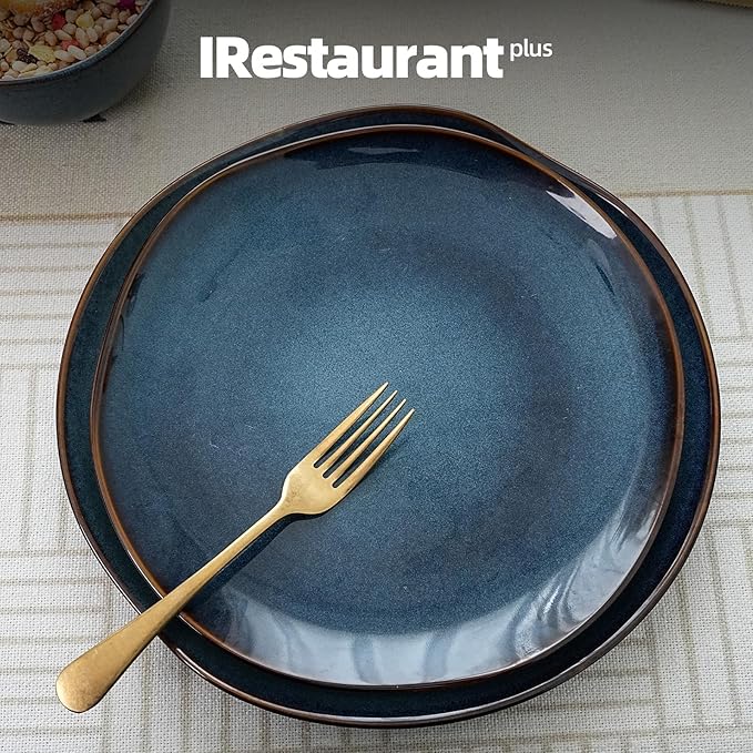 Organic Shape Highland Ceramic Dinner Plates, 12pcs 11.65 Inch Handmade Reactive Glaze Stoneware Plates with Wavy Edge, for Kitchen, Microwave & Dishwasher Safe, Scratch Resistant-Blue