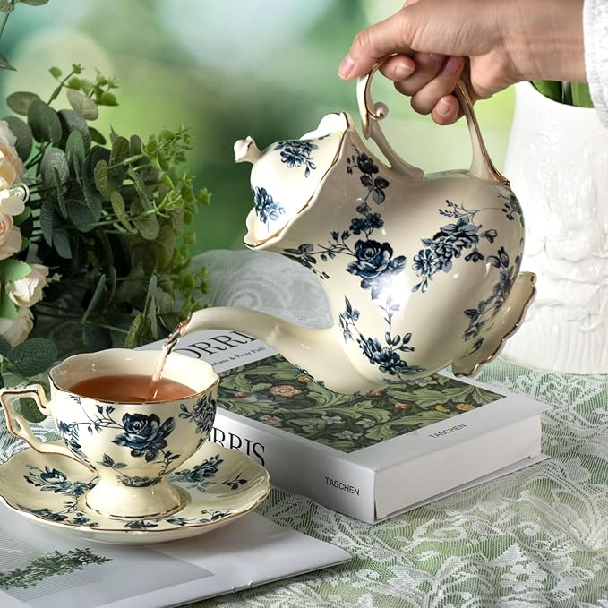 KAMMAK Teapot with Handle, Vintage Porcelain Tea Pot with Gold Trim, Blooming & Loose Leaf Teapot, Festive Holiday Serveware, Gifts for Women, Blue Flowers - 30 oz
