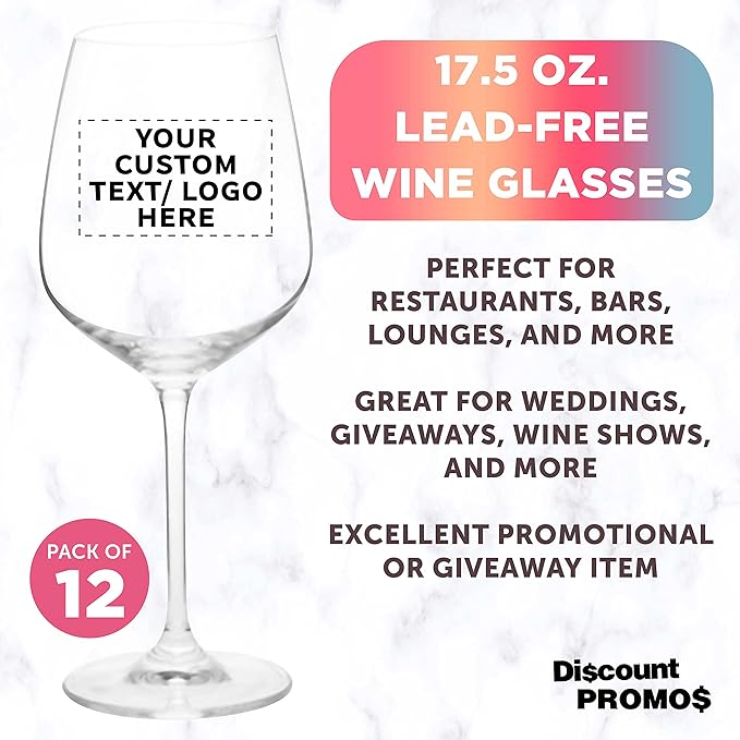 Custom Crystal Wine Glasses 17.5 oz Set of 12, Personalized Bulk Pack - Restaurant Glassware, Perfect for Red Wine or White Wine - Clear