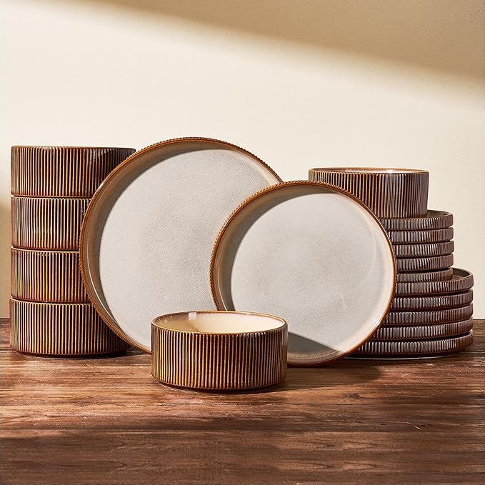 Stoneware Plates and Bowls Dishes Sets Service for 6 (18-Piece), Handcrafted Reactive Glaze Dinnerware Set with Raised Rim, Scratch Resistant, Microwave Dishwasher Safe, Cream Cocoa