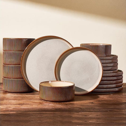 Stoneware Plates and Bowls Dishes Sets Service for 6 (18-Piece), Handcrafted Reactive Glaze Dinnerware Set with Raised Rim, Scratch Resistant, Microwave Dishwasher Safe, Cream Cocoa