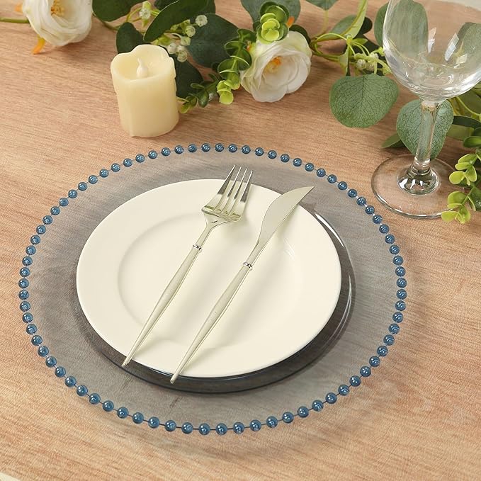 8" Salad Plates - Set of 20 - Plastic Transparent Dusty Blue Round Disposable Dessert Appetizer Plate Beaded Rim, Ideal for Dinner Party Wedding Bulk Events