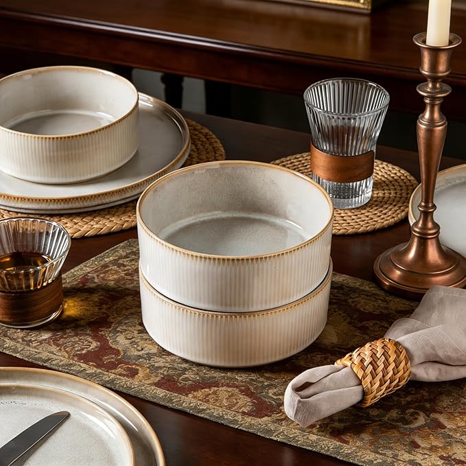 Stoneware Dinnerware Sets for 4, Stoneware Plates and Bowls Set, 12-Piece Ribbed Dishes – Chip & Scratch Resistant, Microwave and Dishwasher Safe Tableware, Warm White