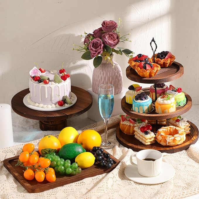 7 Pcs Wood Dessert Table Display Set Wooden 3 Tie Cupcake Stands Rustic Round Cake Stand Wood Dessert Serving Trays for Christmas Party Baby Shower Wedding Birthday(Brown)