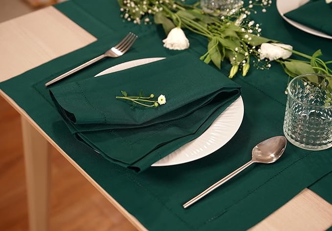 Home Ekaa 100% Pure Linen Green Napkins 20 x 20 Inch - Washable Hemstitch Dinner Napkins Set of 4 - Cloth Fabric Napkins for Christmas, Fall, Winter, Holiday & New Year - Elara