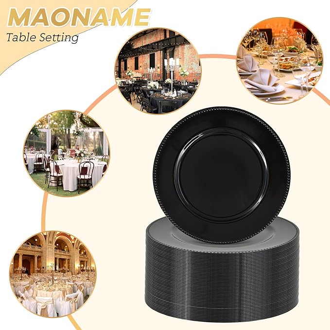 50 Pcs Black Charger Plates Round Charger Plates13 Inch Bulk Wedding Dinner Elegant Reusable Plastic Chargers Plates Wedding Holiday Party Baby Shower Event Decoration (Black)
