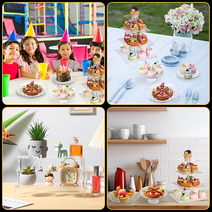 6 Pcs Acrylic Cake Stands Set Include 2 Display Risers 1 Pcs 4 Tier Cupcake Tower and 3 Clear Round Dessert Trays Cake Table Holder for Wedding Baby Shower Decoration(Classic Style)