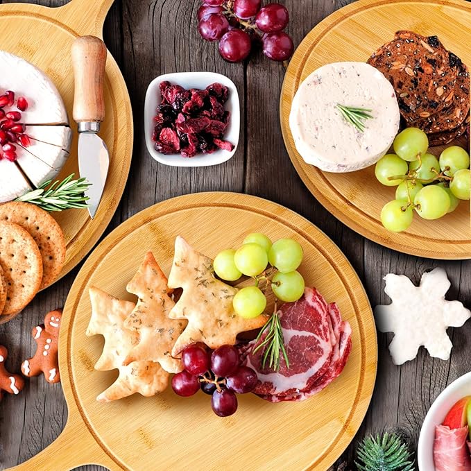 Nuenen 10 Pcs Round Wood Cutting Board with Handle Bamboo Wooden Serving Kitchen Chopping Boards for Pizza, Bread, Cheese, Charcuterie, Fruit, Vegetables(Bamboo)