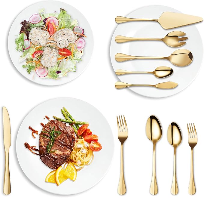 Gold Silverware Flatware Set, HF HOFTEN 45-Piece Stainless Steel Durable Cutlery Serving Set, Service for 8, Modern Elegant Design for Home/Hotel/Restaurant, Mirror Polished & Dishwasher Safe