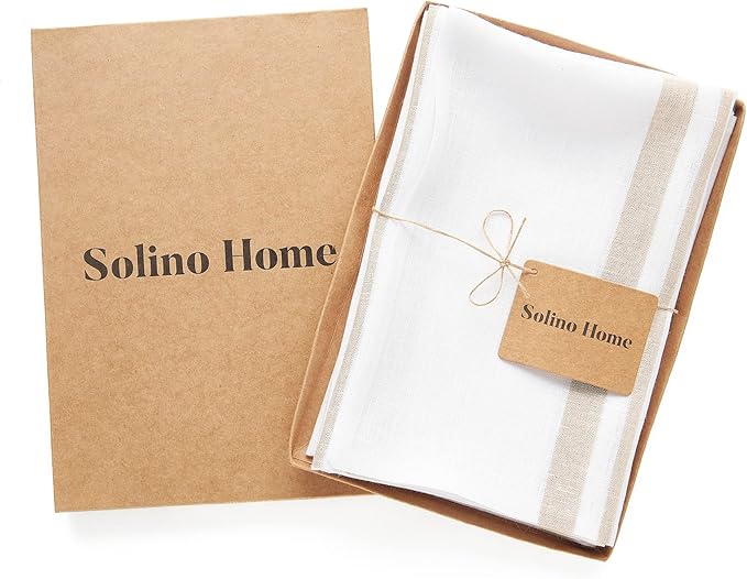 Solino Home Striped Linen Dinner Napkins Set of 4-100% Pure Linen Natural and White Cloth Napkins 20 x 20 Inch for Christmas, Winter, New Year - French Stripe, Handcrafted and Machine Washable