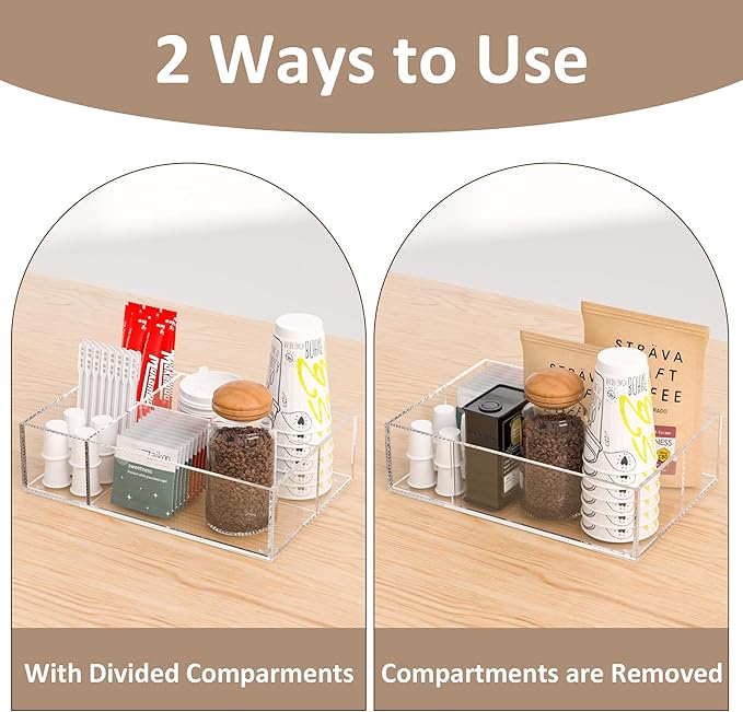 Clear Coffee Station Accessories Organizer, Countertop Acrylic Coffee Bar Tray for Coffee, Tea Bags, Condiments, Cups, Jars