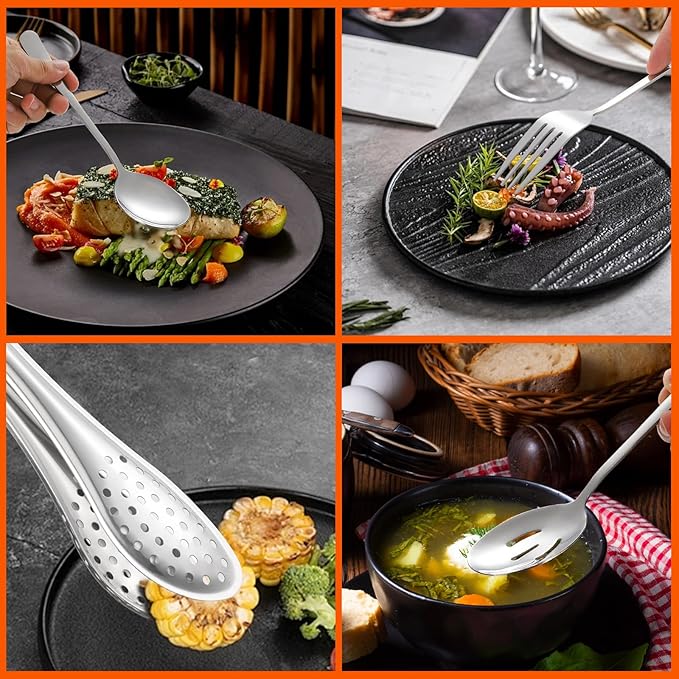 14 PCS Stainless Steel Serving Utensils Set-Serving Spoons,Slotted Spoons, Serving Forks, Serving Tongs,Soup Ladle, Appetizer Tongs, Pie Server for Buffet Catering Entertaining Banquet Party