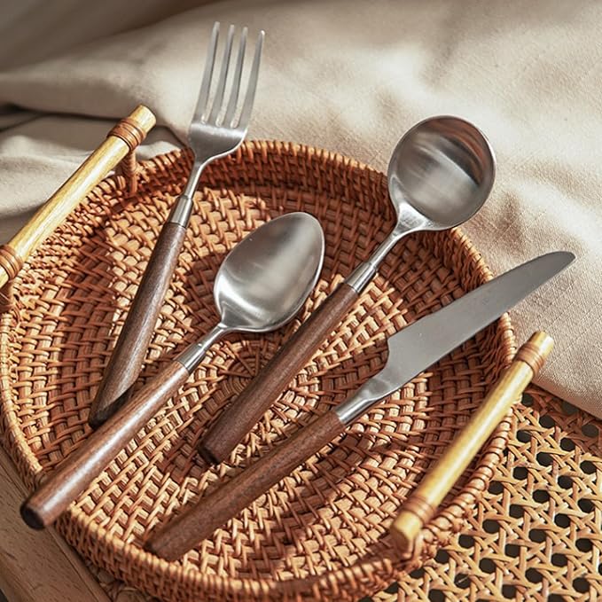 8-piece wooden handle silverware set service for 2 people, flatware set, cutlery sets, utensil set, 18/8 stainless steel home use hotel banquets Wooden Handle Spoons And Forks Set