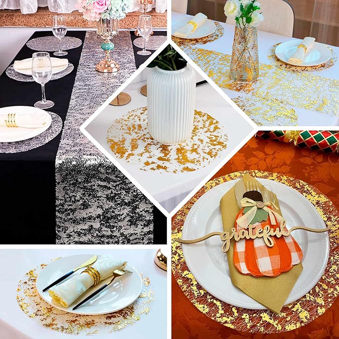 20 Pack 13" Metallic Gold Foil Placemats, Round Shiny and Durable, Disposable Mesh Table Mats for Dining and Parties
