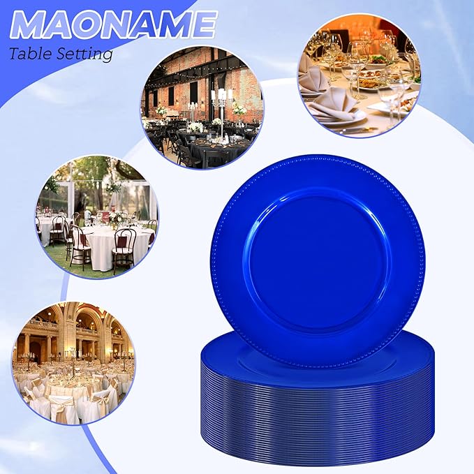 50 Pcs Royal Blue Charger Plates Round Charger Plates13 Inch Bulk Wedding Dinner Elegant Reusable Plastic Chargers Plates Wedding Holiday Party Baby Shower Event Decoration (Royal Blue)