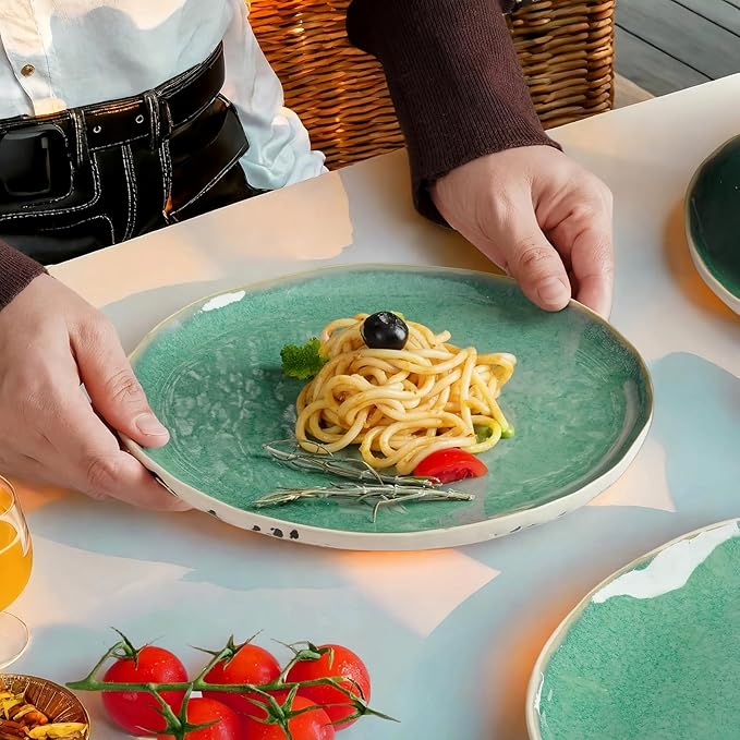 12pcs Dinnerware Set Service for 4, Handmade, Stoneware,Ceramic, Dish Set, Plates and Bowls set, Dinner Set, Reactive Glazed, Microwave and Dishwasher Safe (GREEN)