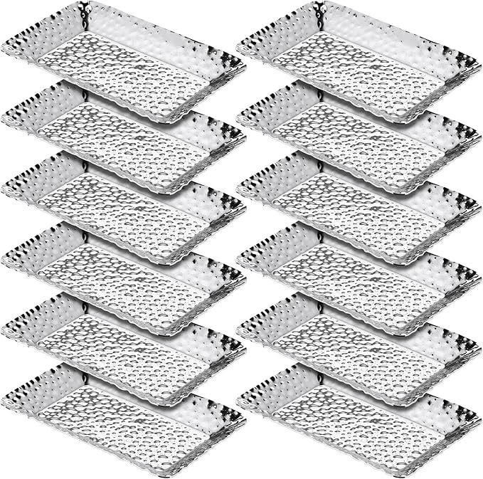 12 Pcs Hammered Metal Serving Tray 6.3 x 3.94 Inch Rectangle Stainless Steel Silver Tray Decorative Storage Platter for Vanity Plate Jewelry Dish Tea Fruit Platter Kitchen Bathroom Storage