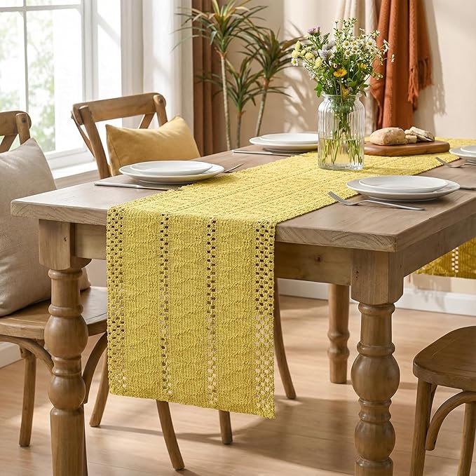 Artoid Mode Yellow Farmhouse Woven Rustic Hollow Table Runner, Seasonal Holiday Hollow Kitchen Dining Table Decoration for Home Party Decor 12x36 Inch