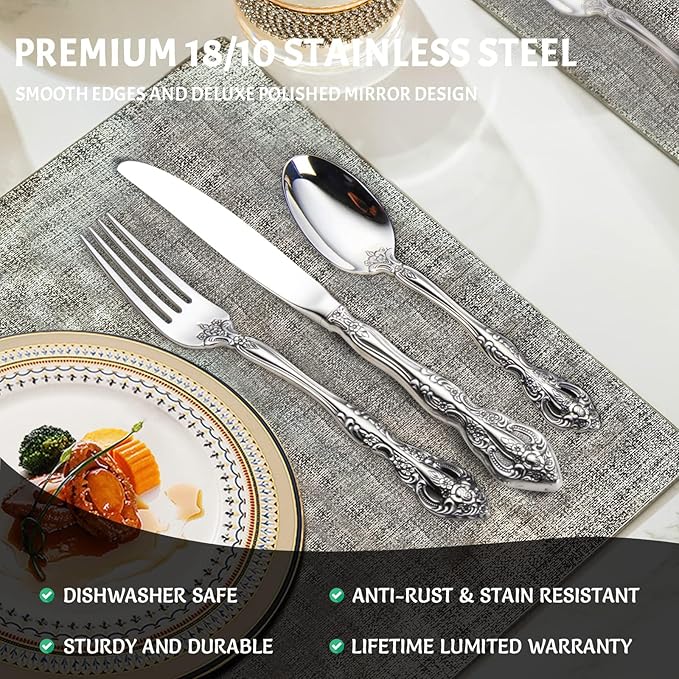 michelangelo cutlery set,18/10 stainless steel flatware sets, 60-piece service for 12 people,utensils tableware set for kitchen, dishwashe safe