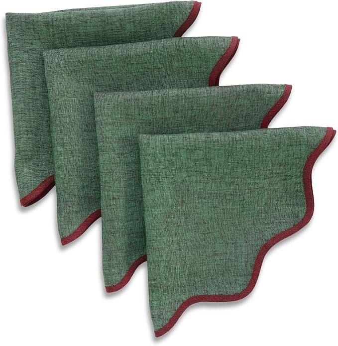 Solino Home Linen Scallop Cloth Napkins Set of 4-100% Pure Linen Red Garnet and Forest Green Dinner Napkins 20 Inch - Giselle Scallop Edge, Handcrafted and Machine Washable