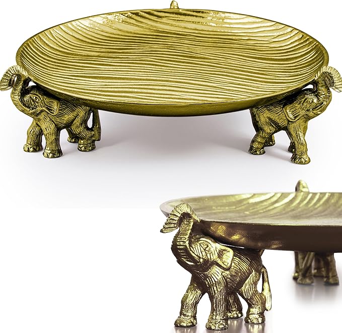 Round Decorative Tray with Elephant Stands, Antique Gold – Tray for Coffee Table, Home Decor, Centerpiece, Serving Platter & More – Circular Tray with Symbolic Elephants