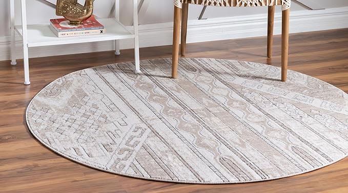 Rugs.com Oregon Collection Rug – 4 Ft Round Ivory Low-Pile Rug Perfect for Kitchens, Dining Rooms