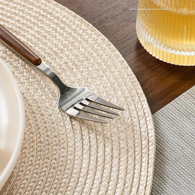 FunWheat Round Braided Placemats Set of 4 Table Mats for Dining Tables Woven Washable Non-Slip Place mats 15inch (Beige, 4pcs)