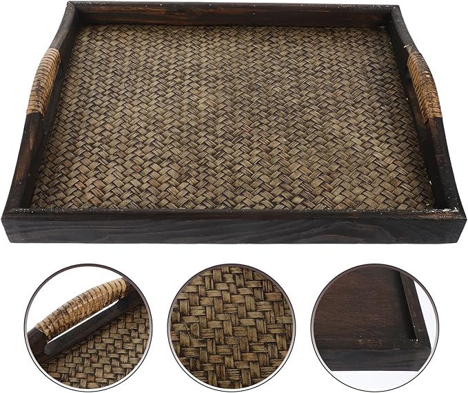 Large Rectangular Wood Tea Tray with Raised Handles, Southeast Asian Style Rattan Woven Serving Tray for Tea Room, Dessert, Fruit Bread, and Beverage Display