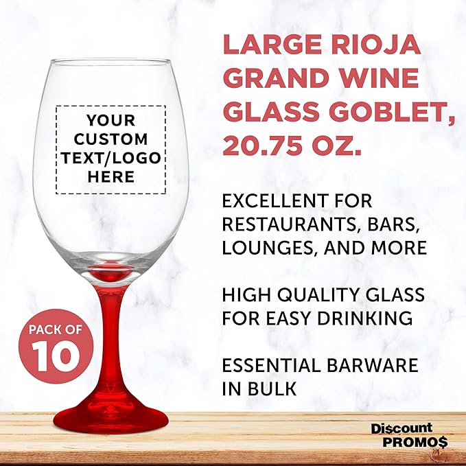 Custom Rioja Grand Wine Glasses 20.75 oz. Set of 10, Personalized Bulk Pack - Perfect for Hotel, Bar, Restaurant or Lounge - Red