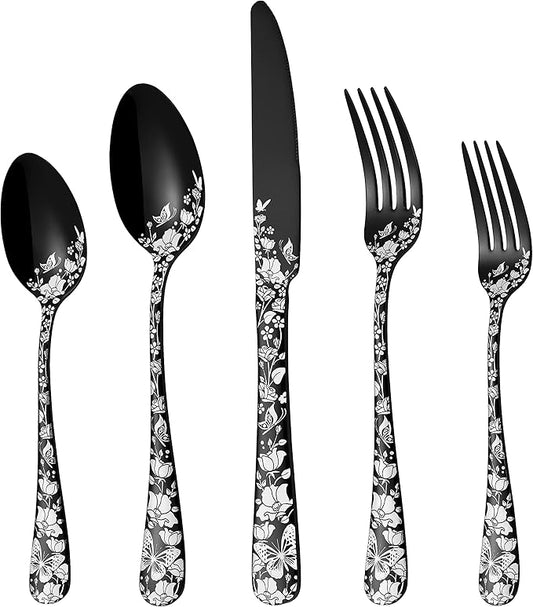 Stapava 20-Piece Black Silverware Set, Flatware Set for 4, Unique Stainless Steel Tableware Cutlery Set, Utensil Sets Forks Spoons And Knives Set, Mirror Polished, Dishwasher Safe