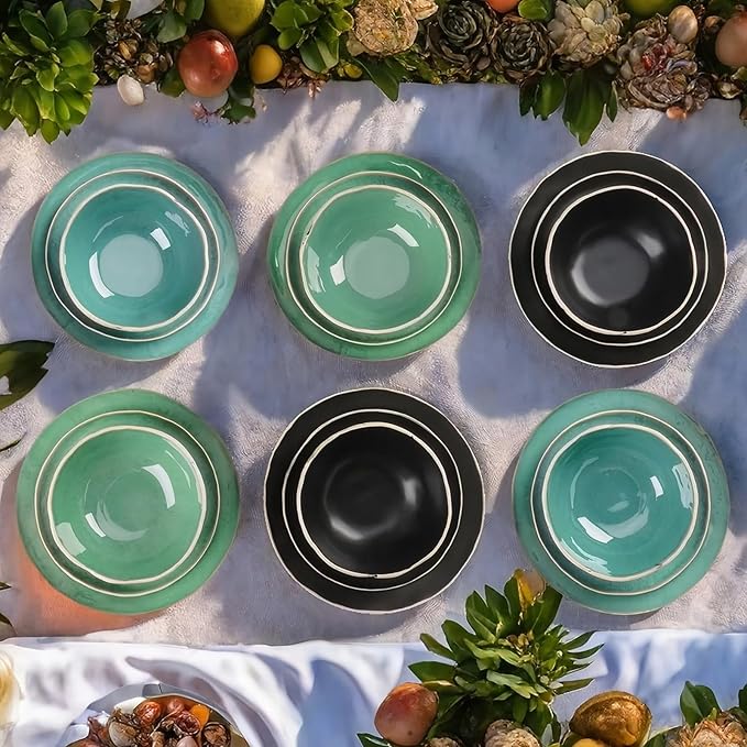 12pcs Dinnerware Set Service for 4, Handmade, Stoneware,Ceramic, Dish Set, Plates and Bowls set, Dinner Set, Reactive Glazed, Microwave and Dishwasher Safe (BLUE)