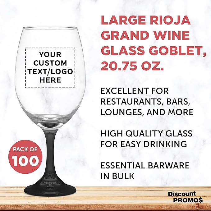 Custom Rioja Grand Wine Glasses 20.75 oz. Set of 100, Personalized Bulk Pack - Perfect for Hotel, Bar, Restaurant or Lounge - Black