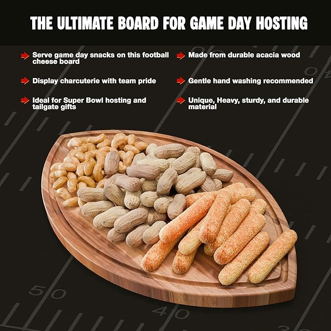 Football Shaped Cutting Board – Acacia Wood Charcuterie Tray – Wooden Football Serving Platter for Super Bowl Parties, Tailgate Hosting & Gifts