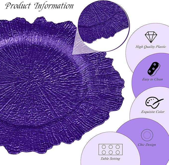 50 Pack Purple Charger Plates Bulk, 13" Plastic Reef Chargers for Dinner Plates, Round Charger Plate with Floral Reef Design for Dinner Wedding Party Table Setting Decoration