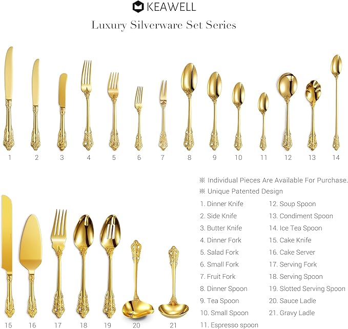 KEAWELL Gorgeous 5-Piece 18/10 Stainless Steel Hostess Serving Utensil Set, Dishwasher Safe (Gold)