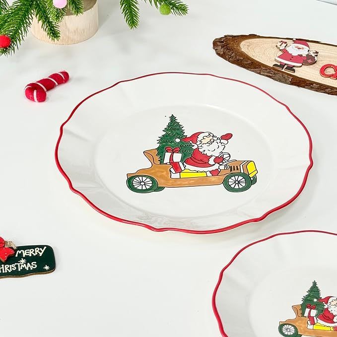 DOMINI 16-Piece Christmas Ceramic Kitchen Dinnerware Set, Service for 4, Porcelain Dishes Dinner Set with Dinner Plates, Dessert Plates,cups and Pasta Bowls,Round-White Christmas