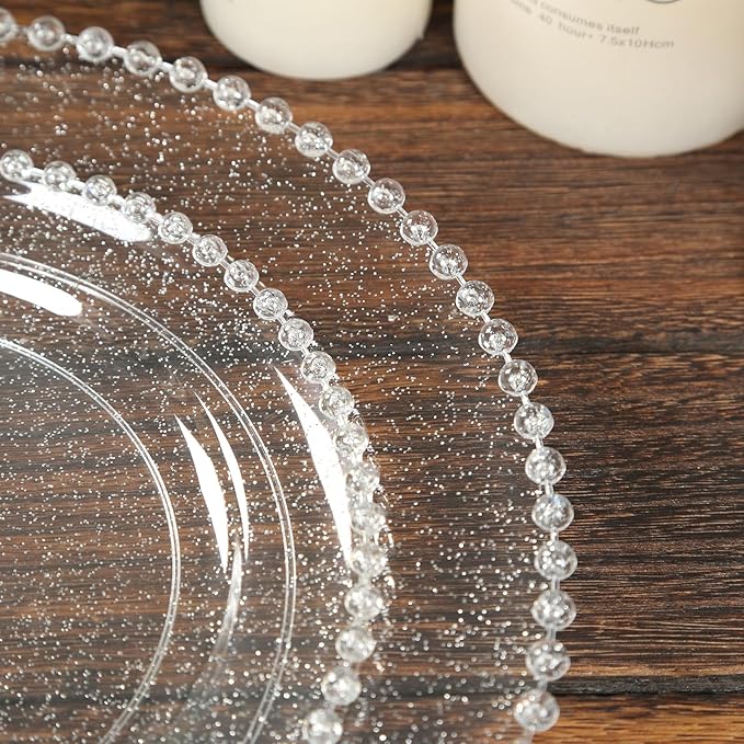 Efavormart 10-Pack Plastic Round Dinner Plates 10" Clear Silver Glittered with Beaded Rim - Disposable Party Plates