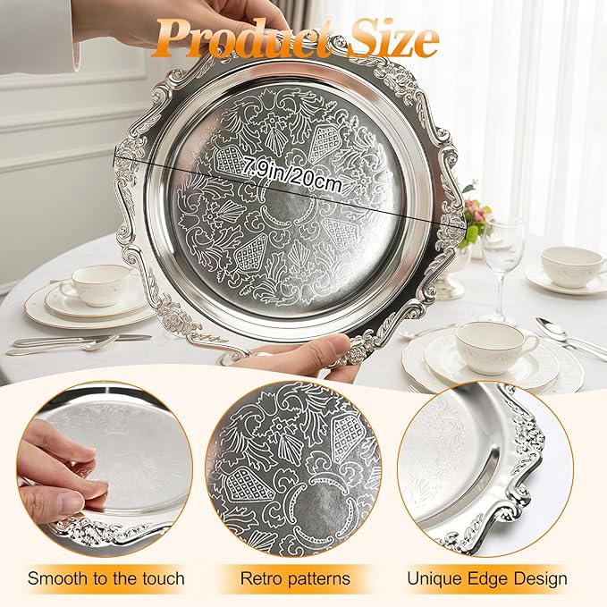 4 Pcs Silver Serving Trays - 7.9in Round Vintage Floral Engraved Metal Trays, Decorative Platters for Whiskey, Charcuterie, Cookies, Snacks & Party Food Display