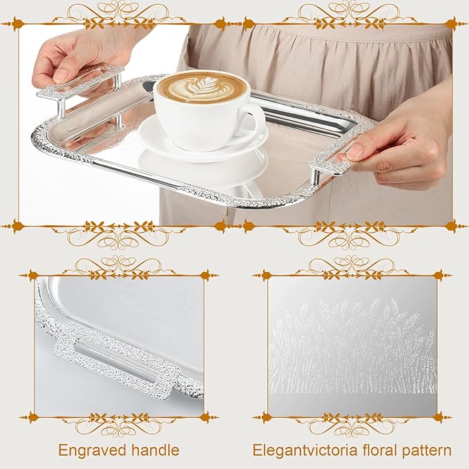 4 Pcs Silver Serving Tray with Handles Elegant Victoria Floral Engraved Metal Platters Large Decorative Trays for Buffet,Wedding Party, Jewelry Display, Service (Modern,Sliver)